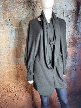 Charcoal Gray Women's Draped Knit Sweater Dress with Scarf
